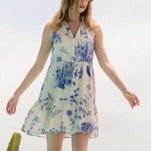 THML Blue Floral Linen Blend Tiered Halter Sundress Medium